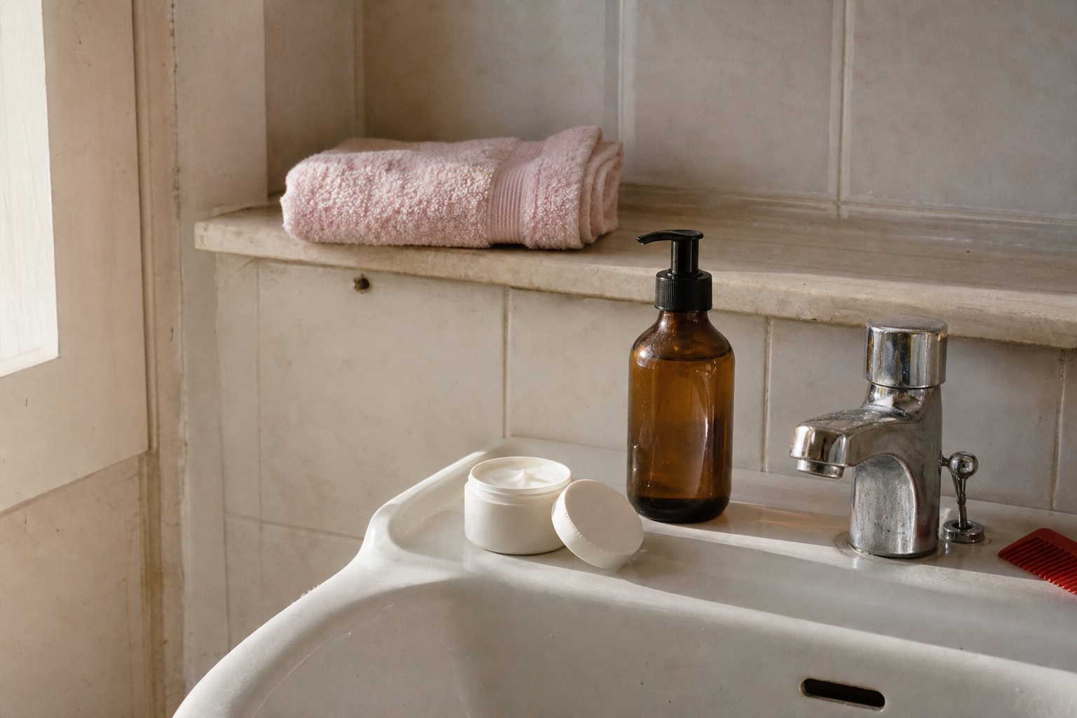 Immagine illustrativa: un lavabo di casa con pochi prodotti senza marchio.