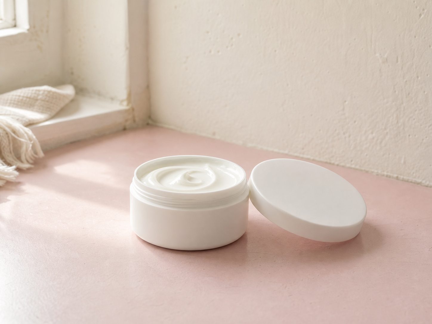 Immagine illustrativa: vasetto di crema bianco e aperto, senza marchio, in luce naturale.